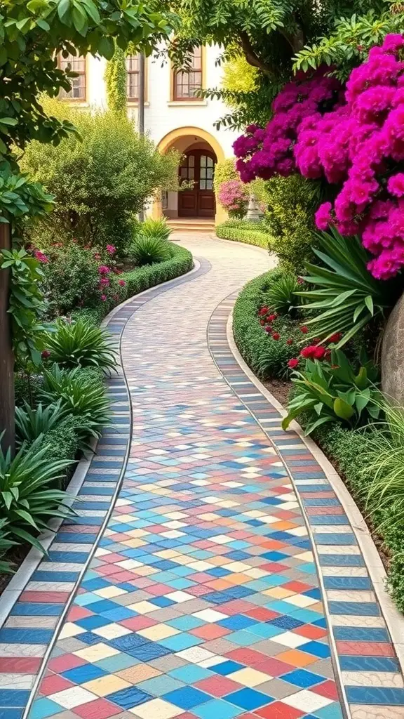 27+ Stunning Greek Garden Ideas for a Mediterranean Oasis 4 A colorful mosaic pathway winding through a lush garden with vibrant flowers.