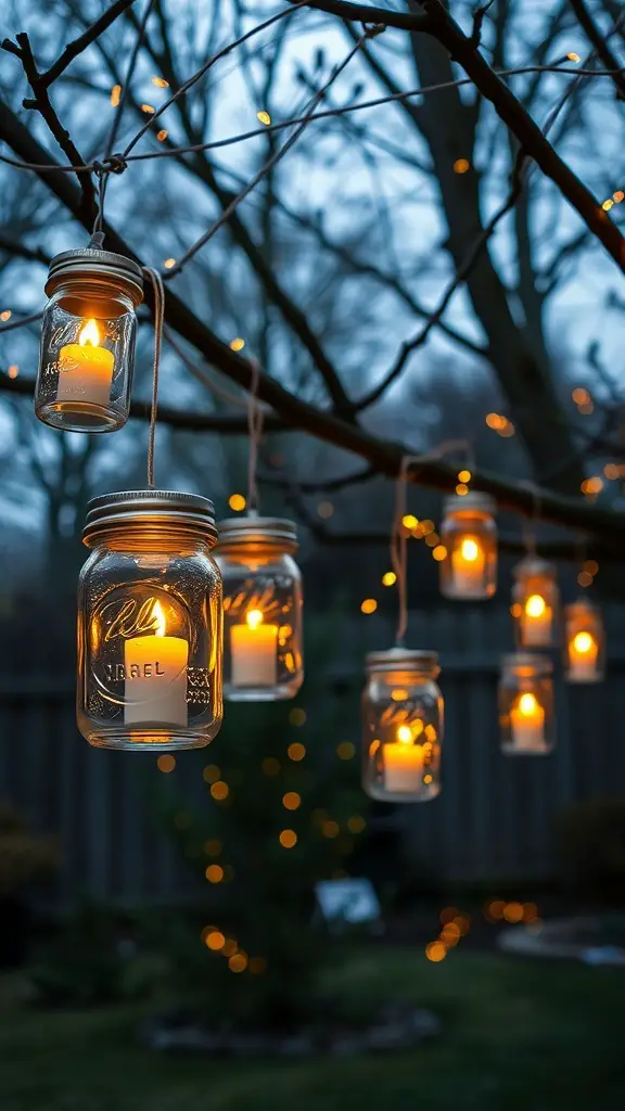 Mason jar lanterns hanging from tree branches, glowing softly in the evening light.