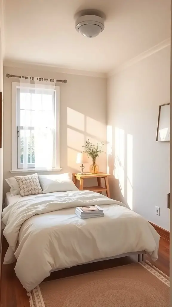 25+ Creative Tiny Guest Bedroom Ideas for a Cozy Space 7 A small guest bedroom with light-colored walls and bedding, featuring a window with sunlight streaming in.