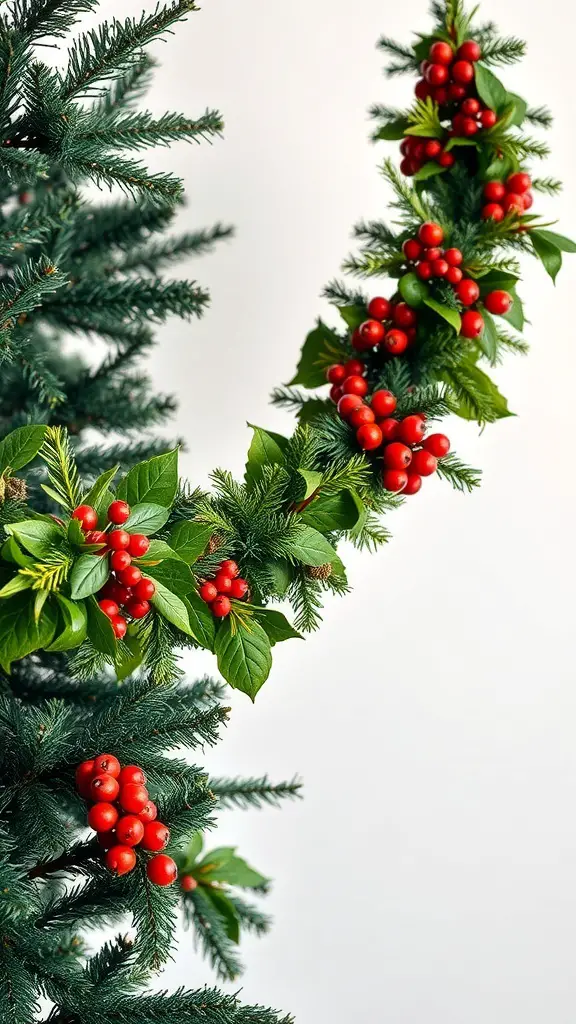 A nature-inspired garland featuring evergreen branches and red berries.