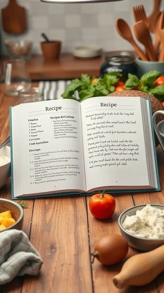 An open recipe book with handwritten recipes and fresh ingredients on a wooden table.