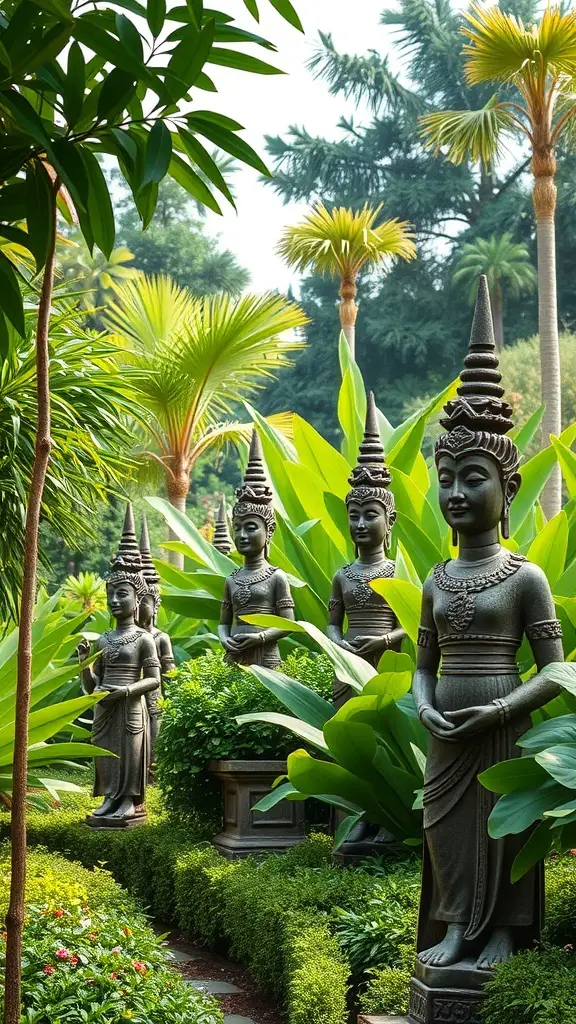 25+ Stunning Bali Garden Design Ideas You’ll Love 7 Balinese statues surrounded by lush green plants in a garden