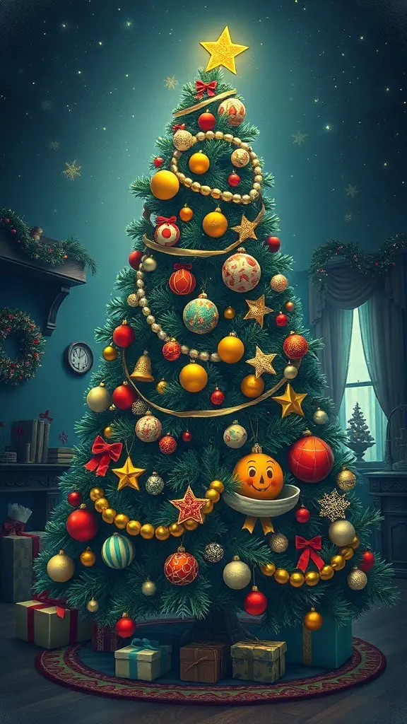 An eclectic Christmas tree decorated with colorful ornaments, a star on top, and presents underneath.