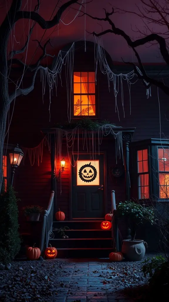 A haunted house with pumpkins on the porch, cobwebs, and glowing orange windows.