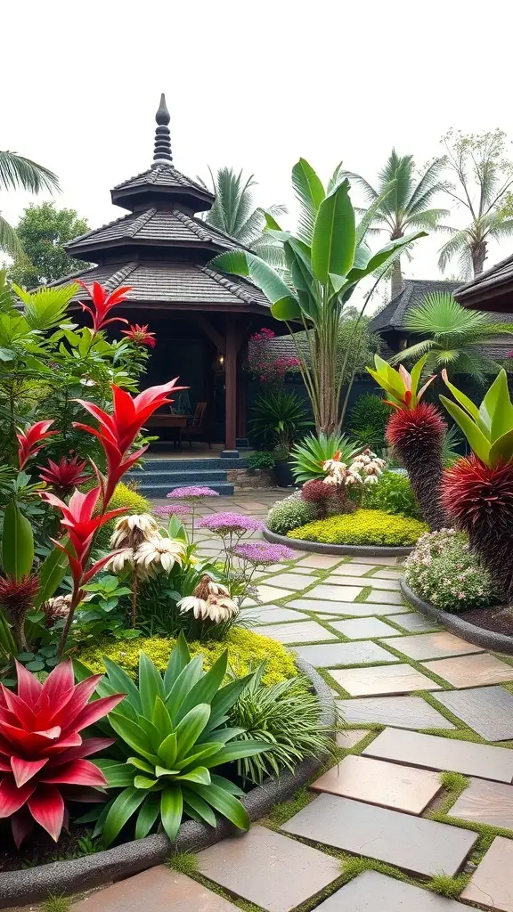 25+ Stunning Bali Garden Design Ideas You’ll Love 14 A vibrant Bali garden featuring colorful flowers, tropical plants, and a stone pathway.