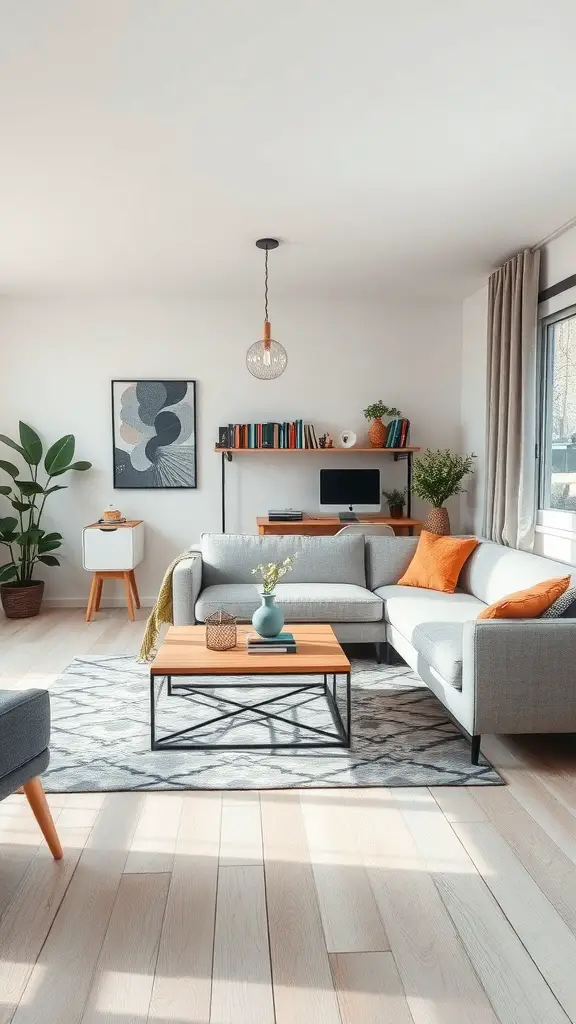 A stylish multi-functional living room featuring a sectional sofa, coffee table, desk area, and plants.