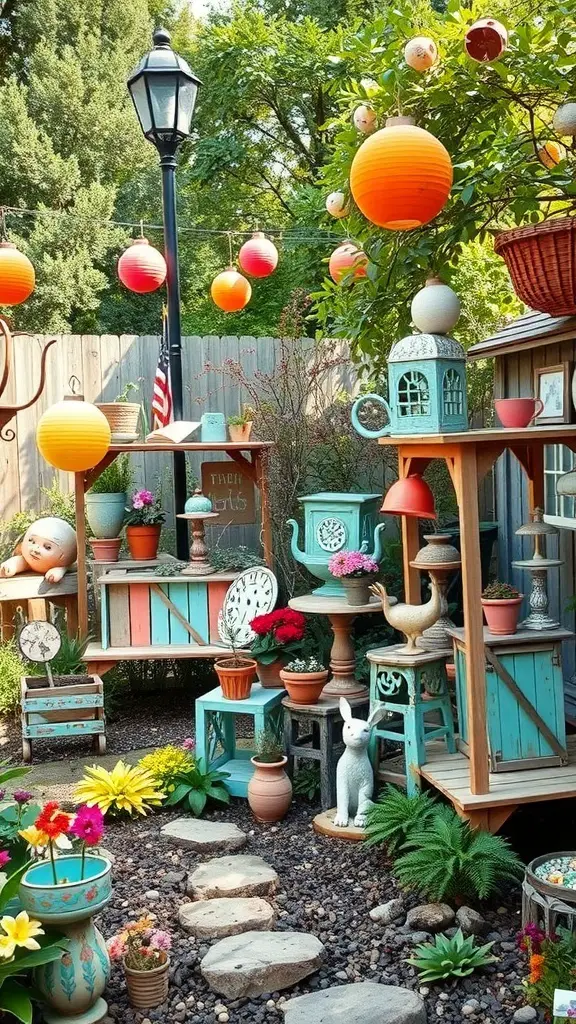 A whimsical garden with colorful lanterns, potted plants, and quirky decorations.