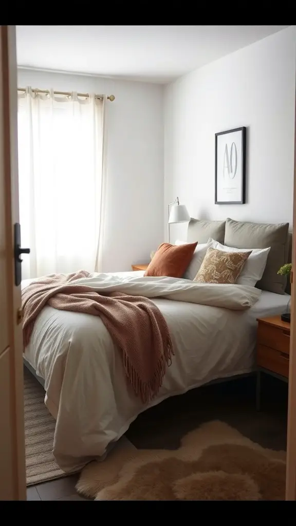 A cozy small bedroom with layered textiles, featuring a soft blanket, decorative pillows, and a fluffy rug.