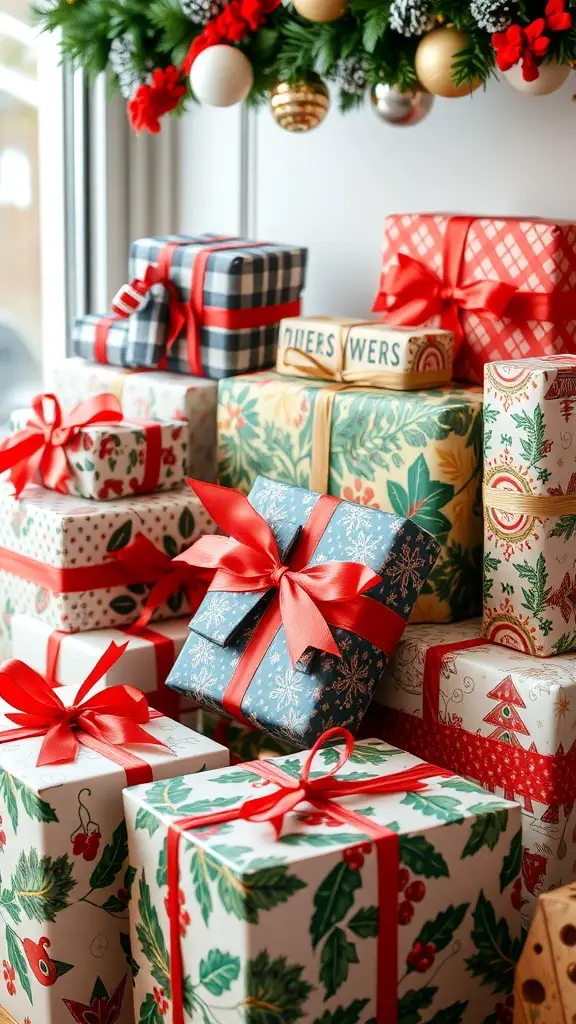 33+ Must-Try Christmas Sewing Patterns for Festive Fun 16 A collection of beautifully wrapped Christmas gifts with colorful ribbons and festive patterns.
