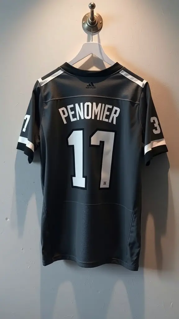 Personalized sports jersey hanging on a wall