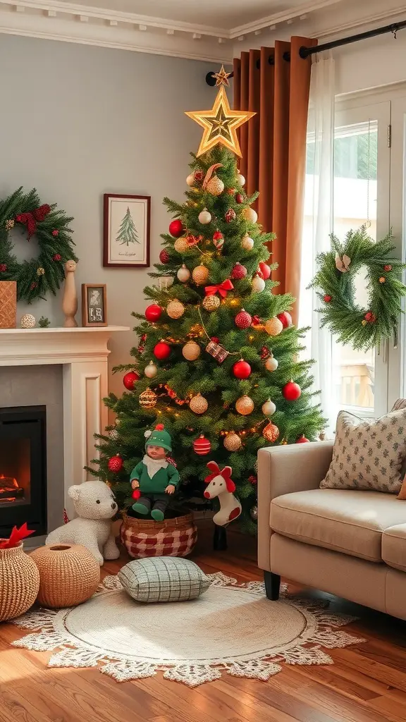 A cozy living room featuring a decorated Christmas tree with a warm atmosphere.
