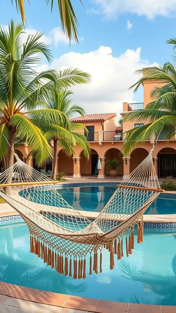 23+ Stunning Spanish Style Pool Designs to Inspire Your Backyard Oasis 13 A hammock near a pool surrounded by palm trees in a Spanish style setting.