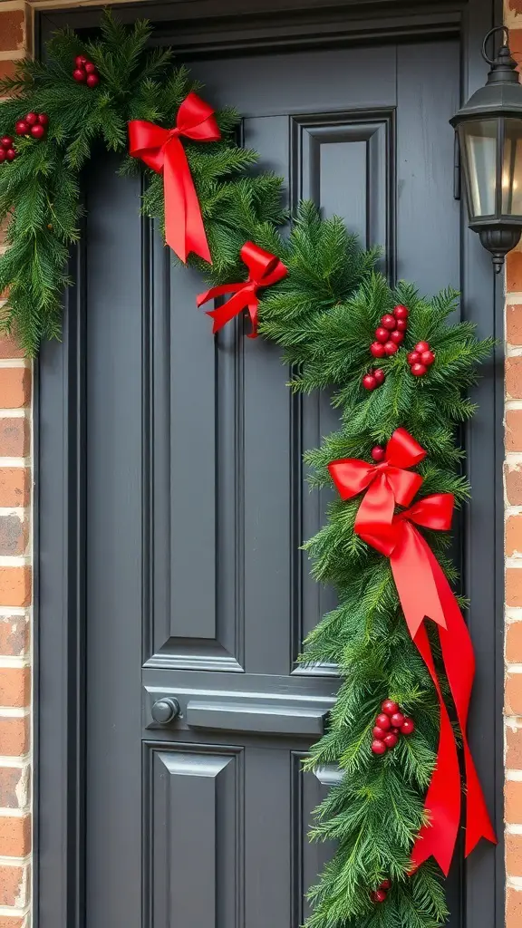 A beautifully decorated door with a garland featuring red bows and berries.