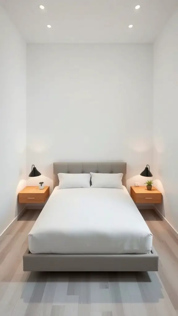 31+ Genius Narrow Bedroom Ideas to Maximize Space 11 A narrow bedroom featuring a bed with floating nightstands on either side, creating a minimalist look.