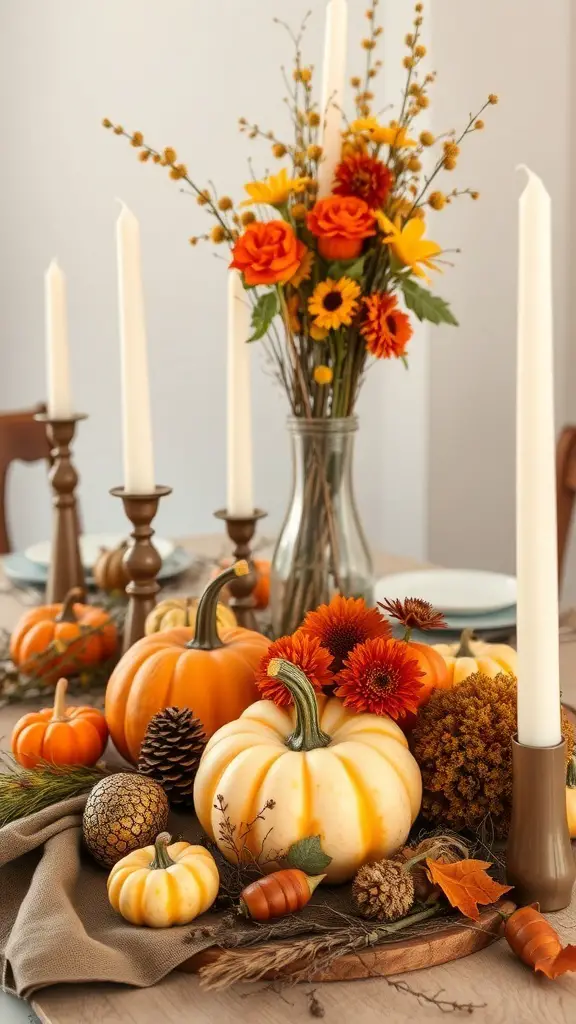 A harvest-themed table setting with pumpkins, flowers, and candles.