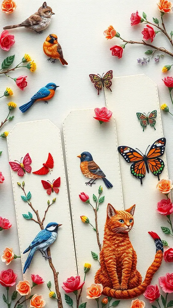 Embroidery bookmarks featuring animal motifs like birds and a cat surrounded by flowers.