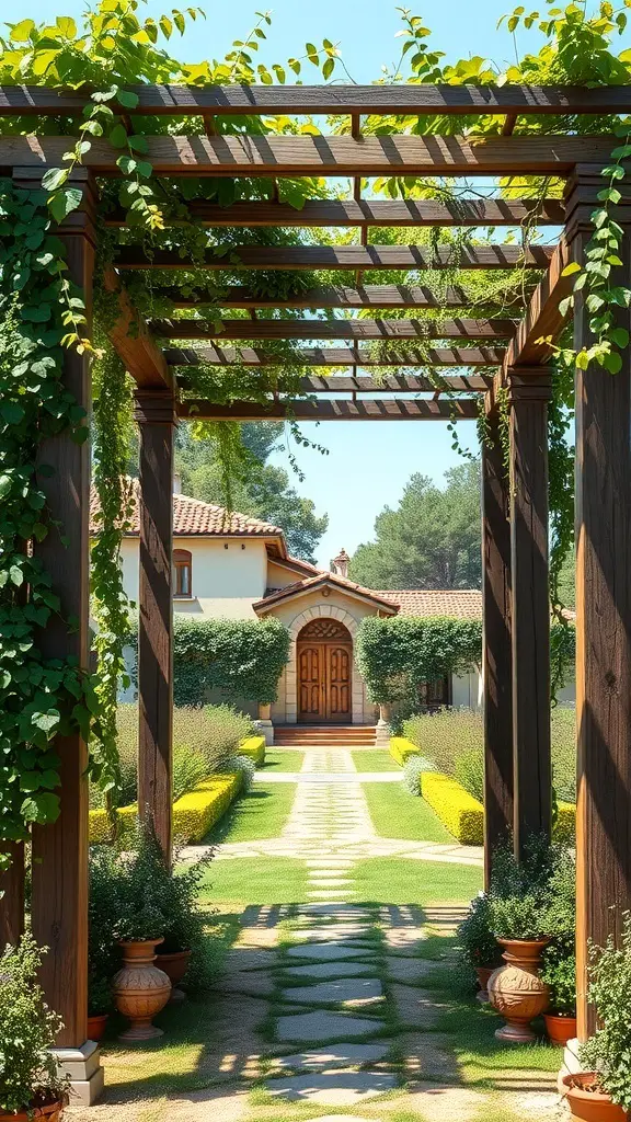 27+ Stunning Greek Garden Ideas for a Mediterranean Oasis 3 A rustic wooden pergola with climbing plants, leading to a charming house and garden pathway.