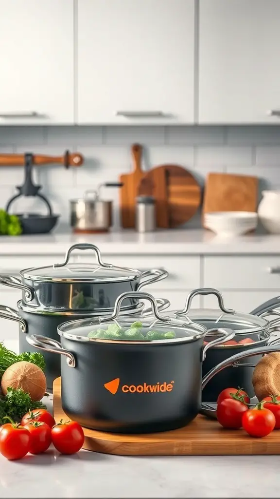 27+ Unique Wedding Gifts for Every Couple 6 A set of high-quality cookware with fresh vegetables and tomatoes in a modern kitchen setting.