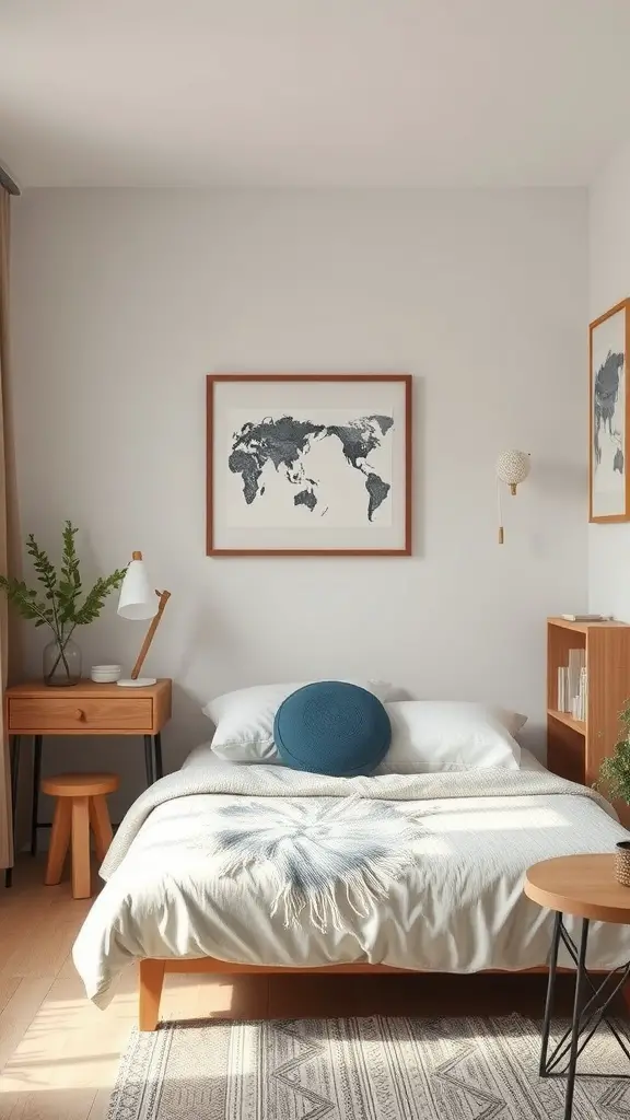 35+ Cozy Tiny Bedroom Ideas for Couples: Maximize Your Space Together 7 A cozy bedroom featuring a world map as wall art, complemented by warm wood furniture and a neutral color palette.