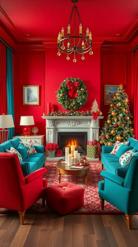 A vibrant living room decorated for Christmas with red walls, teal furniture, and festive decorations.