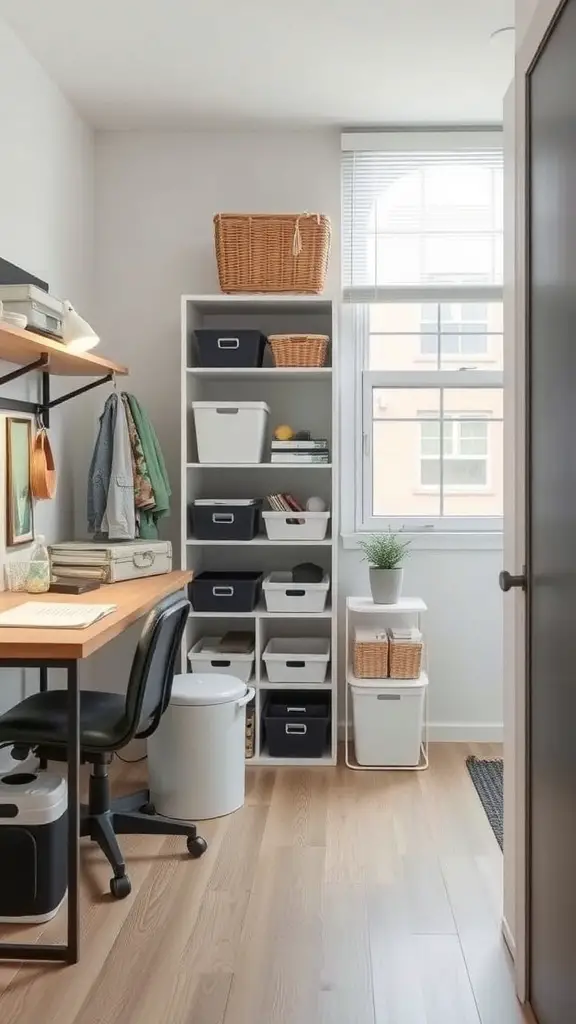 29+ Budget-Friendly Small Room Ideas to Maximize Space 13 A small room with a desk, shelves, and organized storage bins.