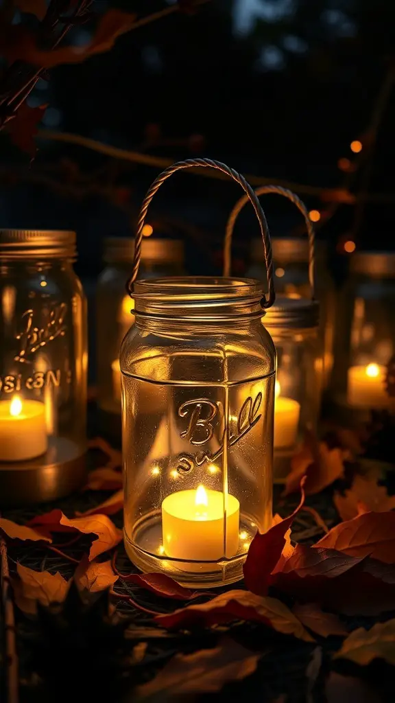 Eerie lanterns made from jars glowing with candles, surrounded by autumn leaves.