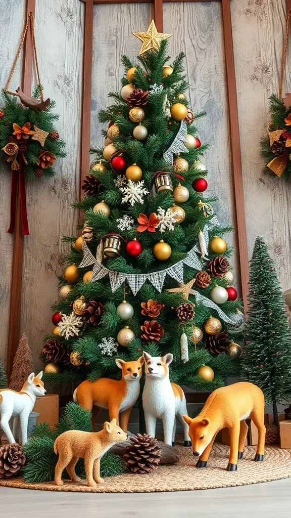 A woodland-themed Christmas tree with fox figurines and natural decorations.