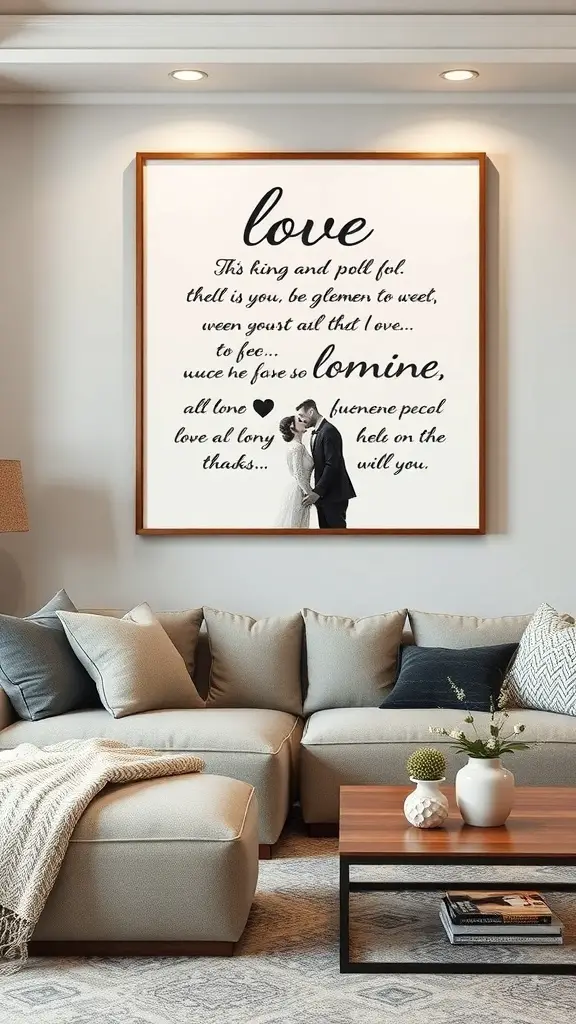 27 Thoughtful Engagement Gifts Your Friends Will Love 13 Customized wall art featuring the word 'love' and a couple embracing.