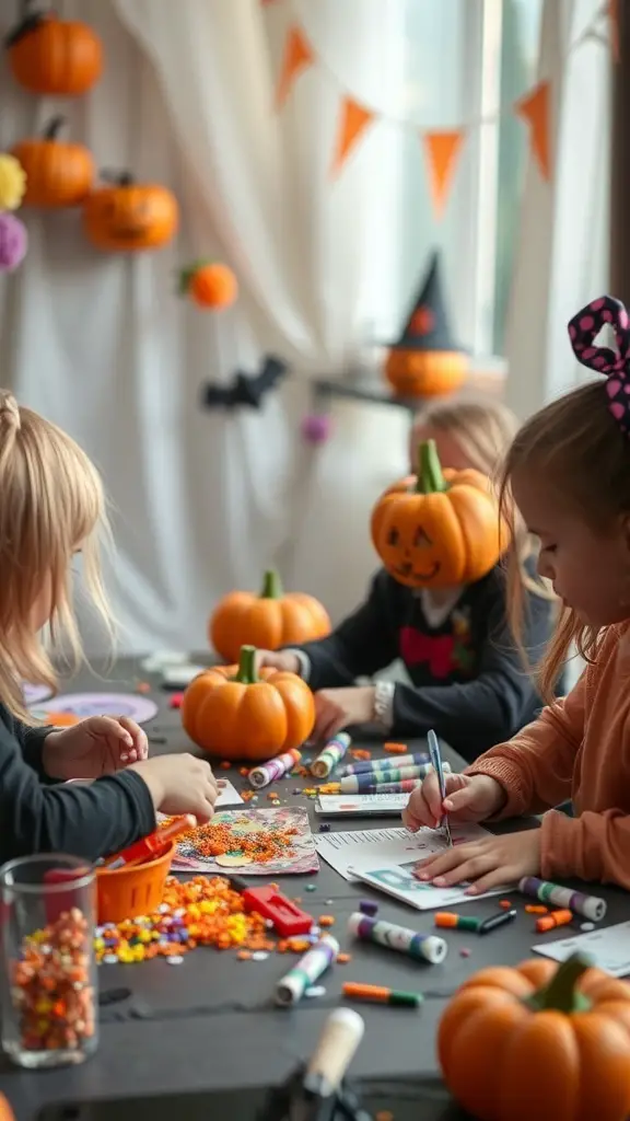 Kids crafting Halloween decorations with pumpkins and art supplies