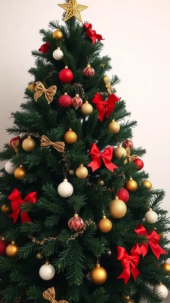 A dark green Christmas tree decorated with red bows, gold and red ornaments, and a star on top.