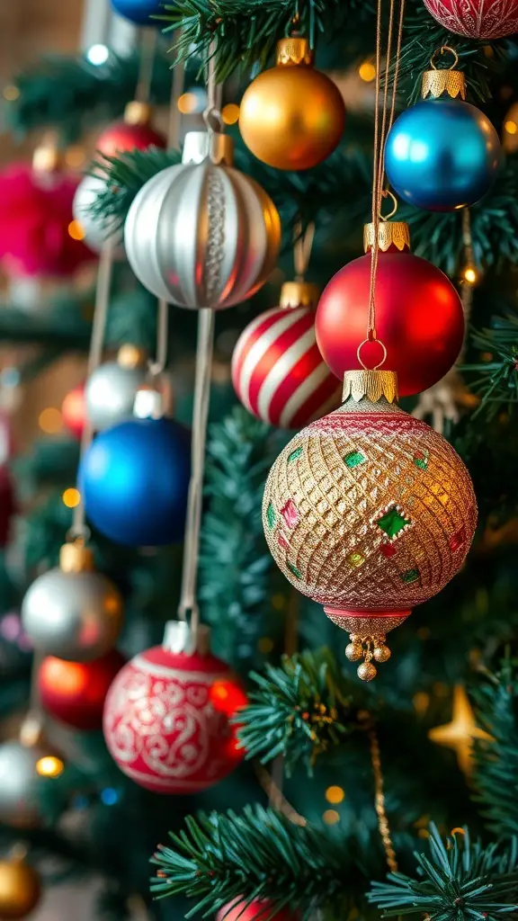 Colorful Christmas ornaments hanging on a tree