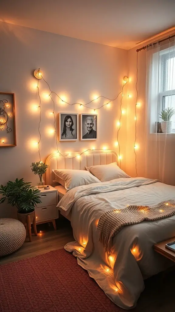 25+ Adorable Small Bedroom Ideas for a Cozy Retreat 10 A cozy small bedroom with fairy lights accenting the walls and bed, creating a warm atmosphere.