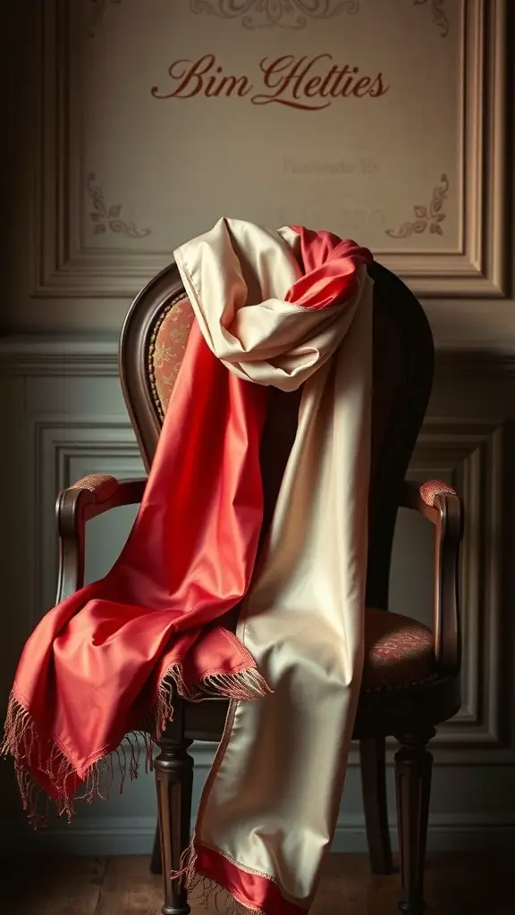A silk scarf in cream and red draped over a vintage chair