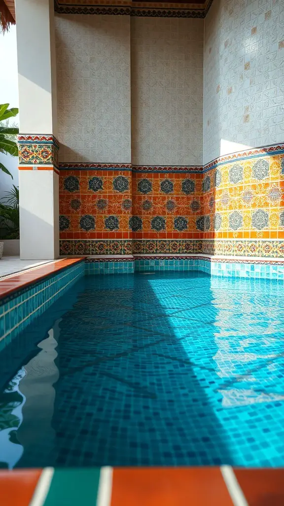 A private pool with artistic tile designs featuring vibrant colors and intricate patterns.