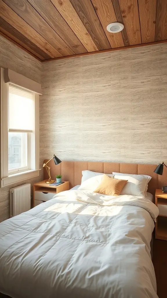 25+ Creative Tiny Guest Bedroom Ideas for a Cozy Space 14 A cozy guest bedroom with textured walls and a warm wood ceiling.