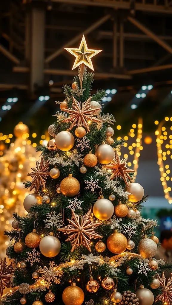 A beautifully decorated Christmas tree with gold and silver ornaments and a star on top.