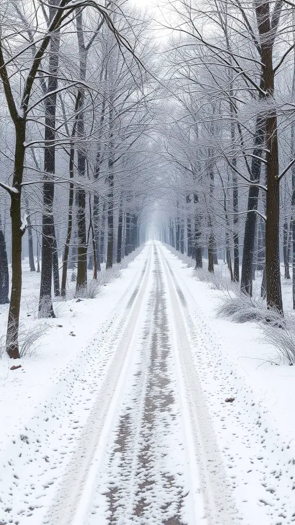 A snowy woodland path lined with bare trees, creating a serene winter scene.