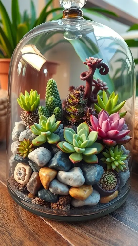29+ Creative Succulent Pot Ideas You’ll Love 7 A beautifully arranged succulent terrarium inside a glass container, featuring various succulents and decorative stones.