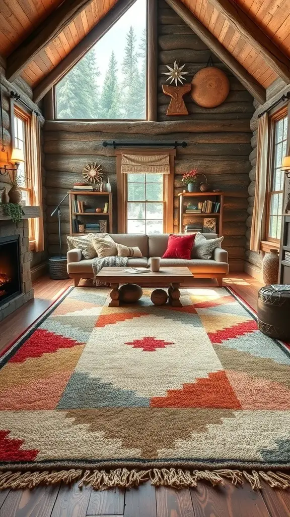 25+ Stunning Geometric Rug Designs for Your Home 16 A cozy living room featuring a nature-inspired geometric rug with warm colors and a rustic setting.