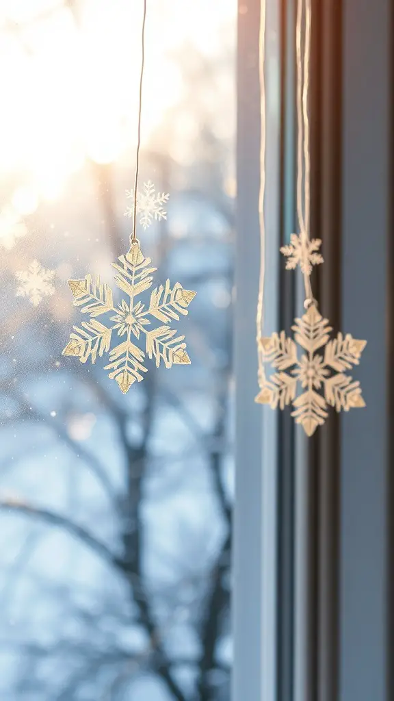 Two snowflake decorations hanging in a window with sunlight shining through.