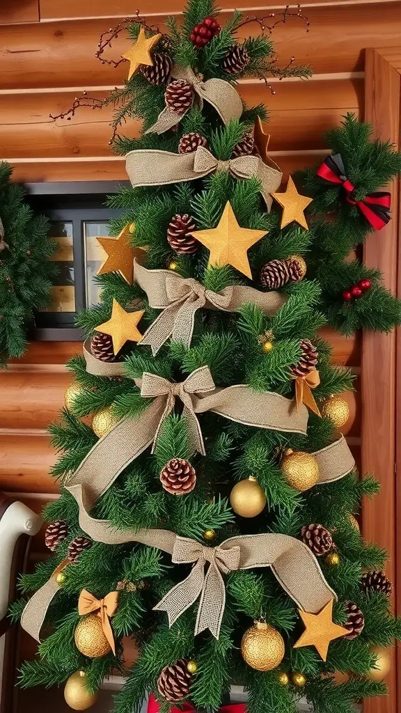 A rustic Christmas tree decorated with burlap ribbons, pinecones, golden ornaments, and stars, set against a log cabin background.