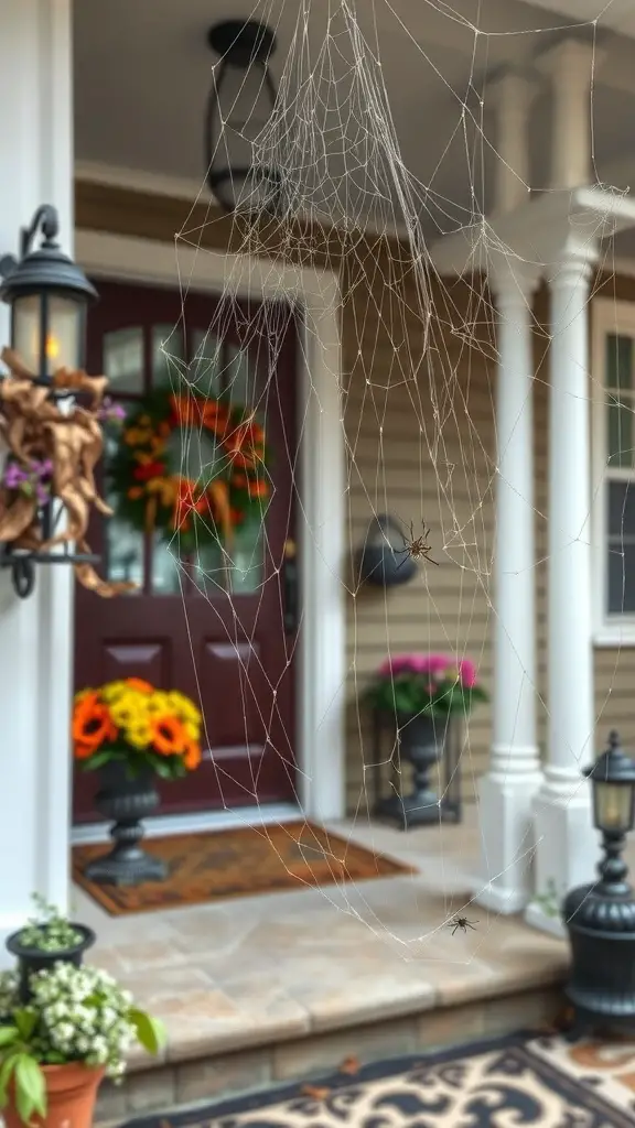A natural fiber spider web hanging near a decorated front door with flowers and autumn decor.