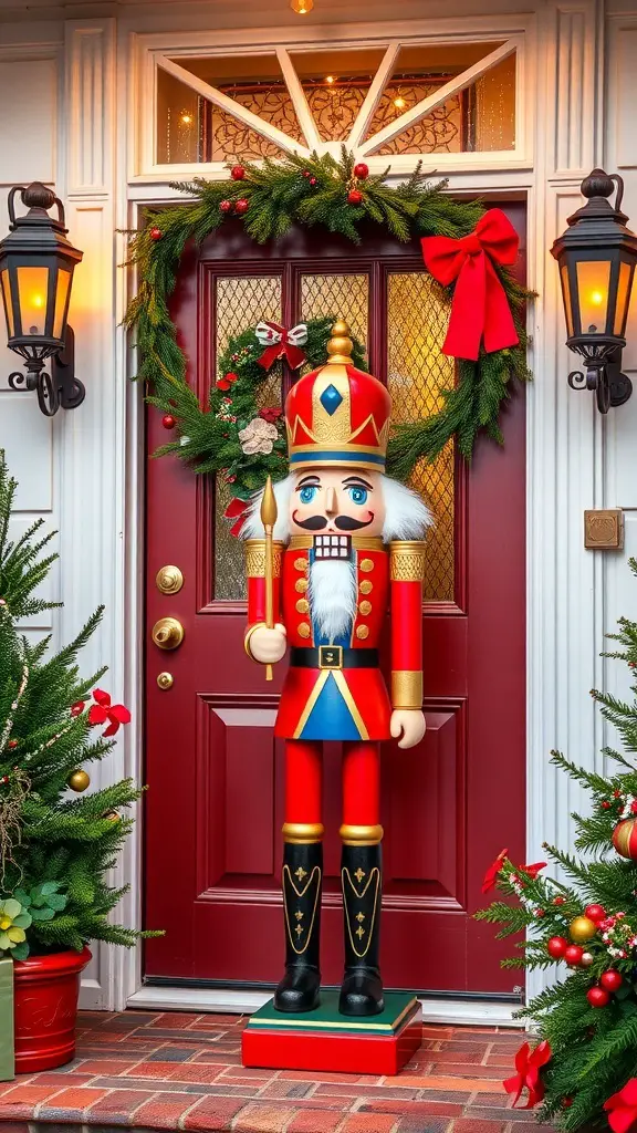 A festive nutcracker decoration stands at a red door, surrounded by greenery and a wreath.