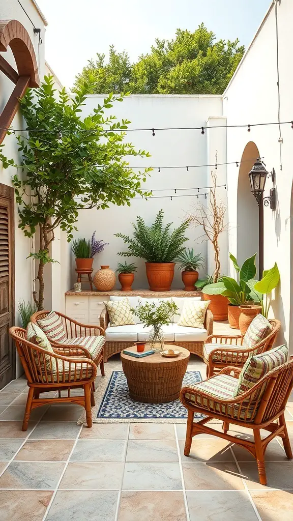 23+ Stunning Mediterranean Patio Ideas for Your Outdoor Oasis 15 A Mediterranean patio featuring woven furniture, colorful cushions, and lush greenery.