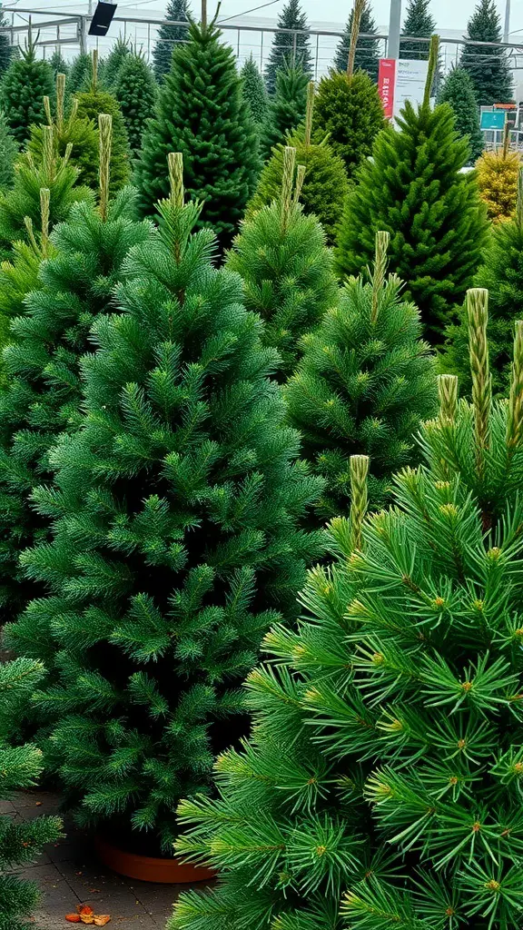 Various types of dark green Christmas trees in a nursery