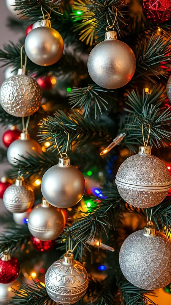 Close-up of metallic Christmas ornaments on a tree