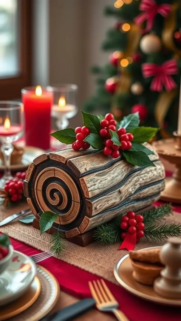 A decorative Yule log ornament with red berries and green leaves, set on a festive table.