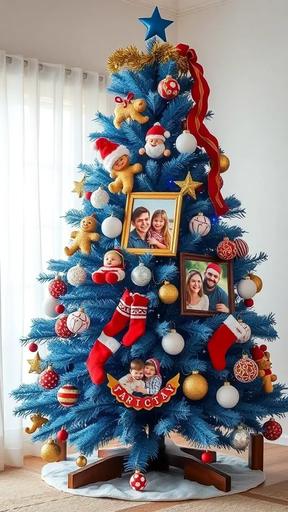 A vibrant blue Christmas tree decorated with personalized ornaments and family photos.
