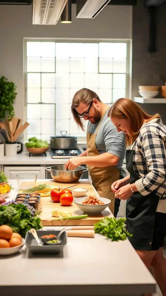 27+ Unique Wedding Gifts for Every Couple 10 A couple participating in a gourmet cooking class, preparing ingredients in a modern kitchen.