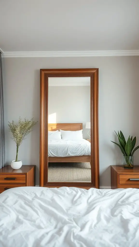 29+ Extra Small Bedroom Ideas to Maximize Space and Style 6 A large wooden-framed mirror reflecting a cozy bedroom with a bed and plants.